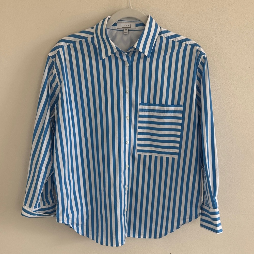 AYR “The Deep End” Blue and White Vertical Stripe Button-Down Shirt